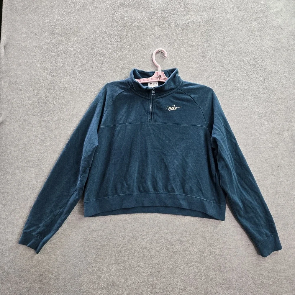 Nike Women Sweatshirt L Teal Crop Swoosh Embroidery 14 Zip Pullover Activewear